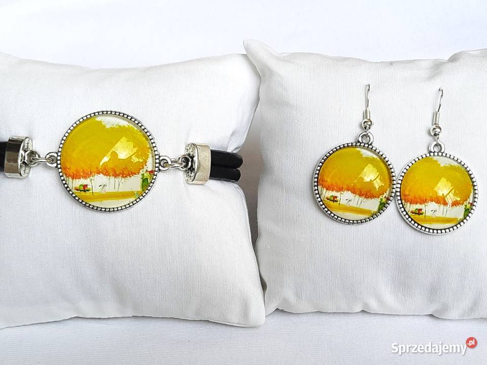 Zestaw grafika pod szkłem bransoletka kolczyki łódzkie Łódź