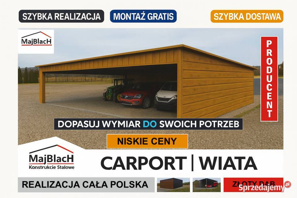 A16Drewnopodobny CARPORT WIELOSTANOWISKOWY Wiata 278zł/m2 Sprzedaż