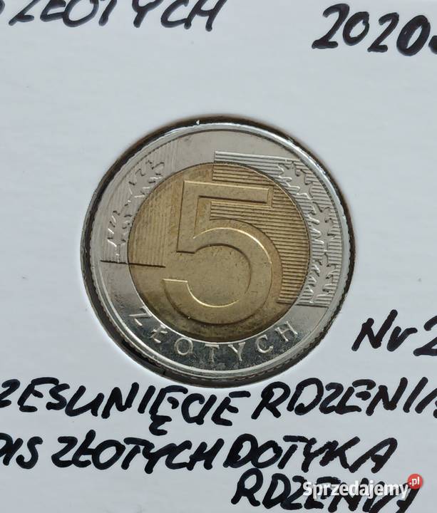 5 Złotych 2020 r 2 błąd mennicy Destrukt Konin