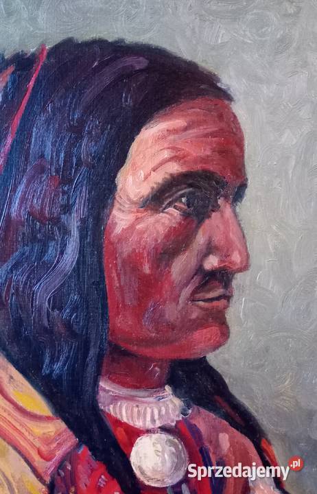 Obraz olejny na desce sygnowany portret Indianin Kraków