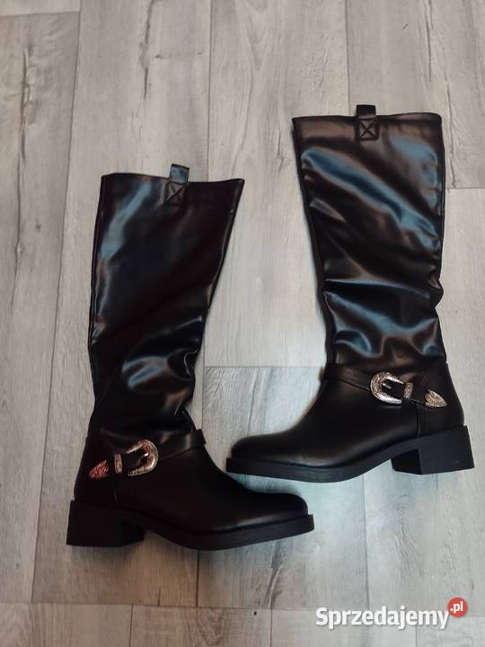 4243 Czarne Kozaki biznesowe ze zdobieniem NOWE sprzedam