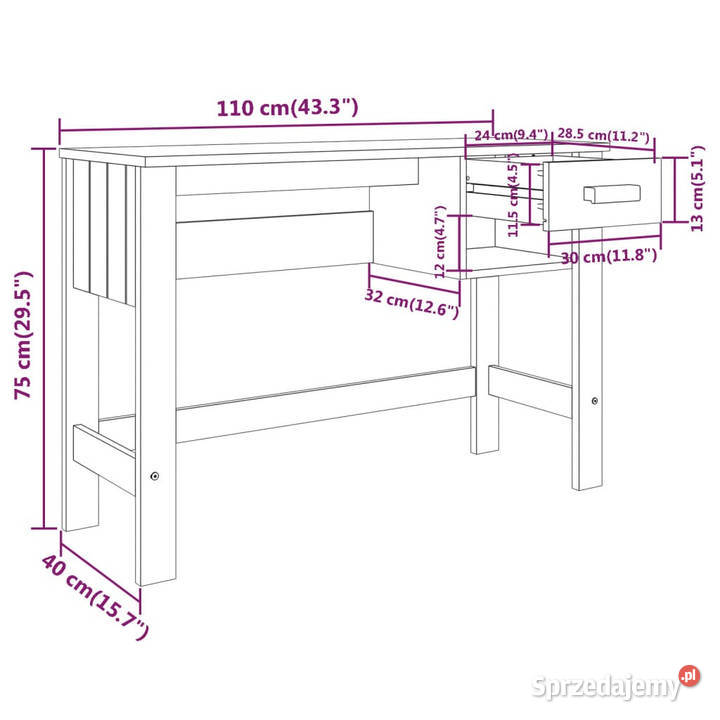 Biurko HAMAR ciemnoszare 110x40x75 lite drewno mazowieckie