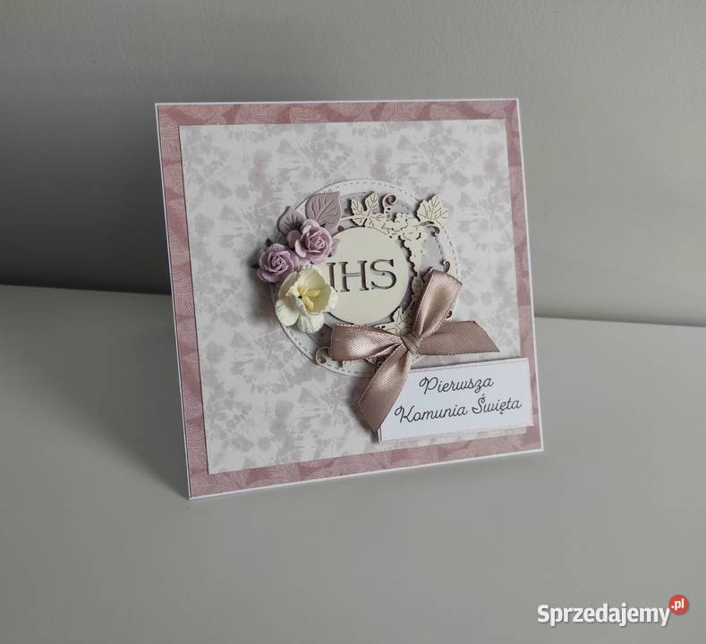 Kartka ręcznie robiona na Komunię Świętą liliowe Łódź