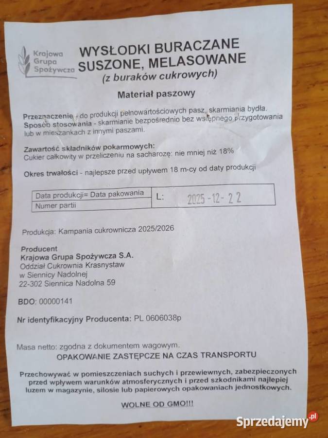 Wysłodki suche big bag melasowane Karmy i pasze Pobołowice