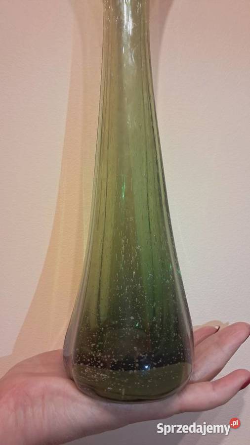 Zielony Wysoki Polski Wazon PRL Vintage Szkło kujawsko-pomorskie Świecie