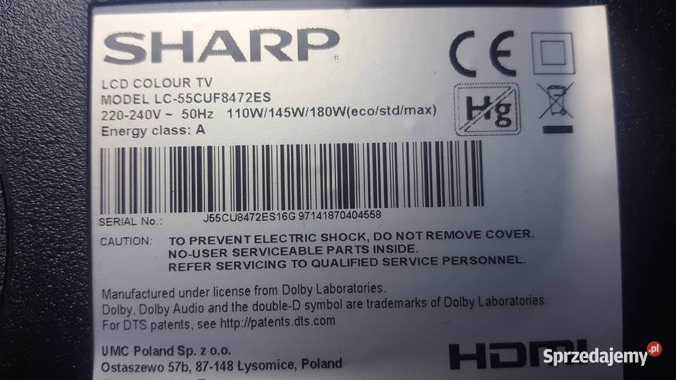 Sharp LC55CUF8472ES zbity 55cale śląskie Sosnowiec