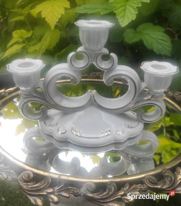 Porcelanowy świecznik trójramienny złocony Porcelana i szkło Pabianice