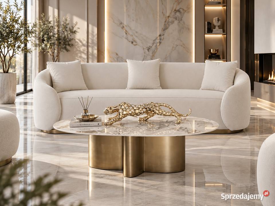 Sofa glamour welurowa biała 220 ze złotą Golkowice
