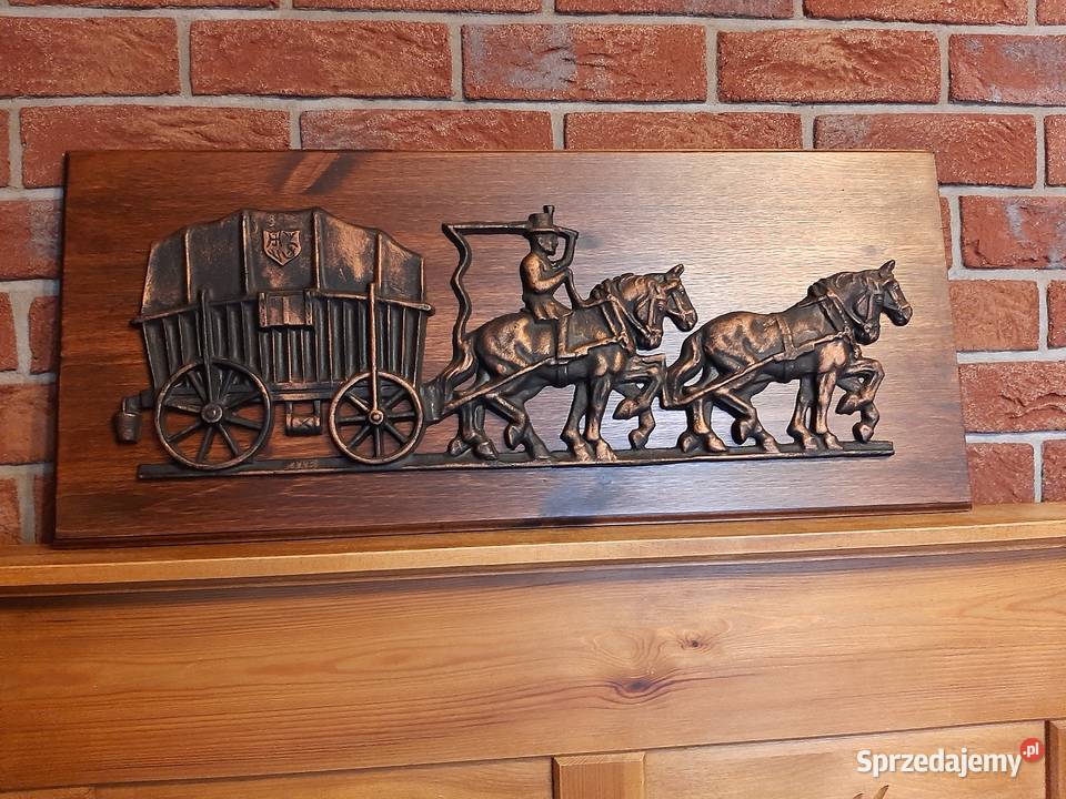 Płaskorzeźba odlew żeliwny Dyliżans Woźnica z Lubień