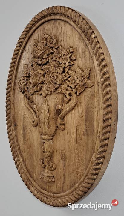 Bukiet kwiatów płaskorzaźba w dębie PIĘKNA
