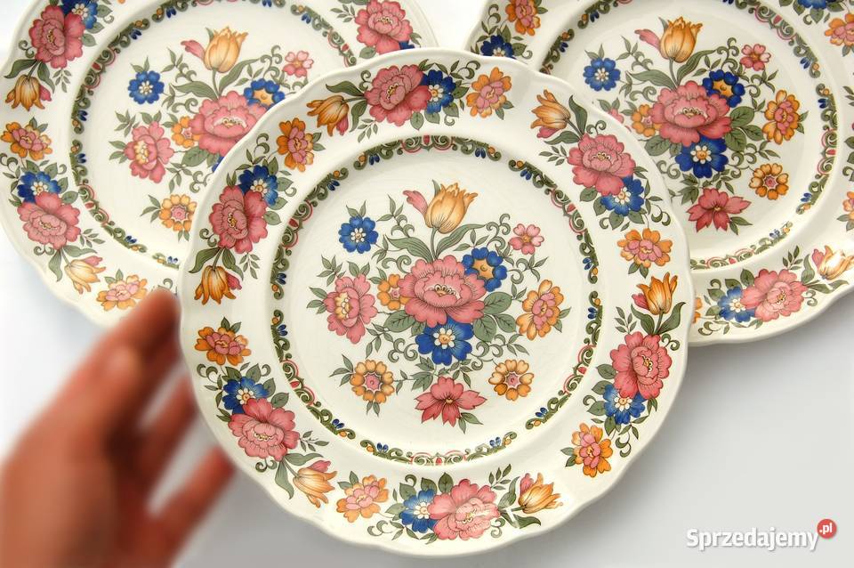 Trzy talerze deserowe vintage w kwiaty Pontesa Lublin