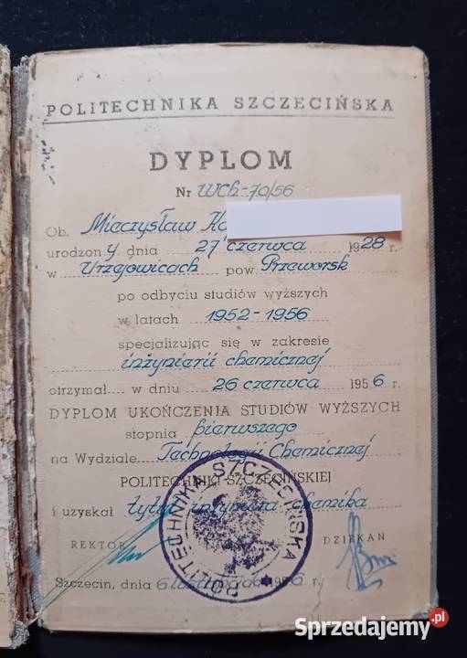 Dyplom ukończenia studiów wyższych Politechnika Koźminek