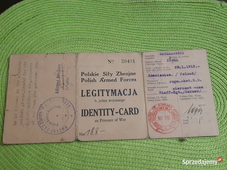 Legitymacja gyłego jeńca wojennego stalag III A Łomża