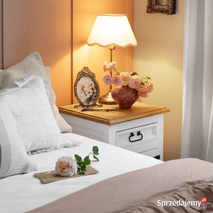 Drewniana szafka nocna biała retro COM15