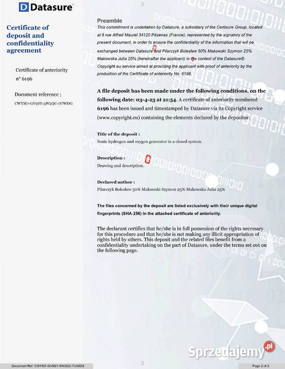 Sprzedam licencje na soniczny generator wodoru i