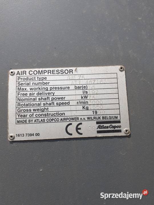 Sprężarka śrubowa kompresor ATLAS COPCO GA75 Wilków