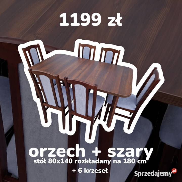 Stół 80x140 rozkładany na 180 cm + 6 krzeseł, orzech + szary