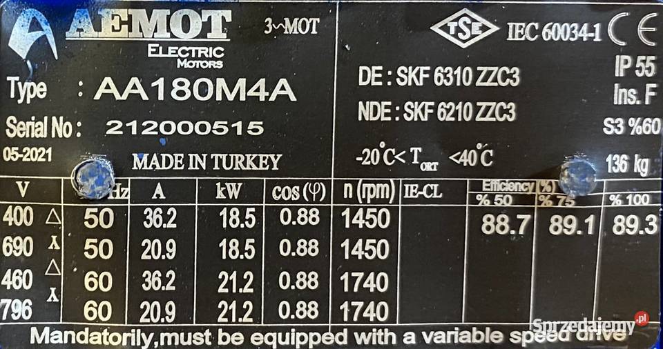 silnik elektryczny 185kW 1450obr 3fazowy Narzędzia kujawsko-pomorskie Pigża