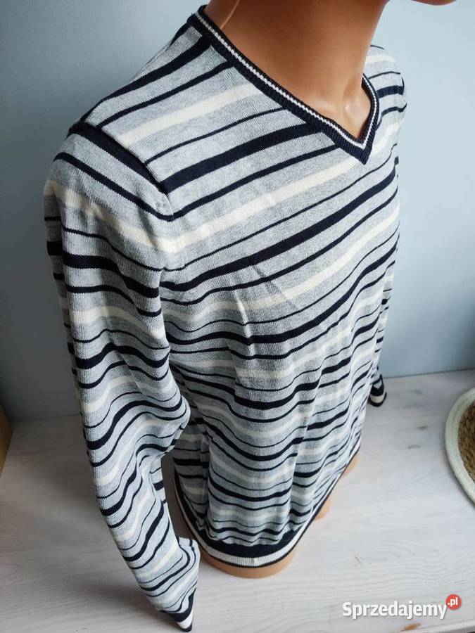 Sweter serek Springfield w paski szaro kremowo Głuchołazy