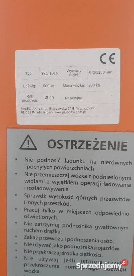 Sprzedam paleciak 1t wózek paletowy masztowy Żerków