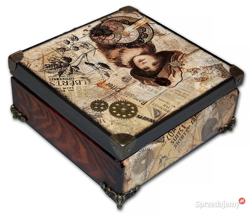 Drewniana SZKATUŁKA nóżki MADAME steampunk 16X16 wielokolorowy