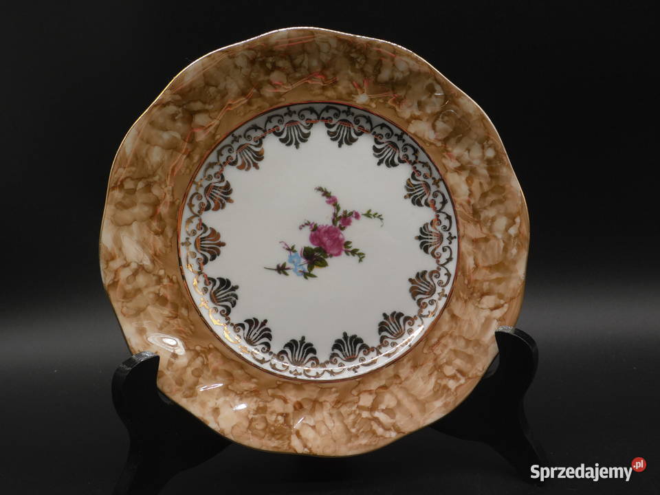 Talerz deserowy Chodzież złocony marmurek róża Raszków