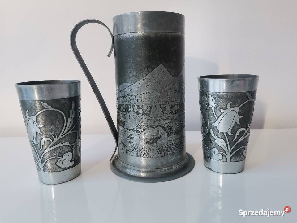 Stary cynowy kufel i 2 kubki