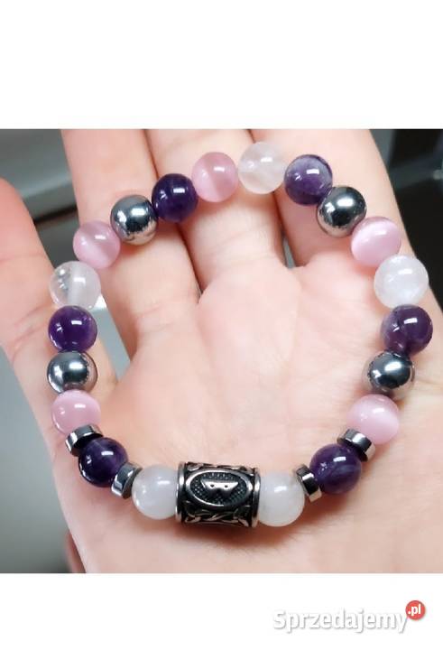 BRANSOLETKA RUNA BERKANO KAMIEŃ AMETYST STAL Biżuteria Łódź sprzedam
