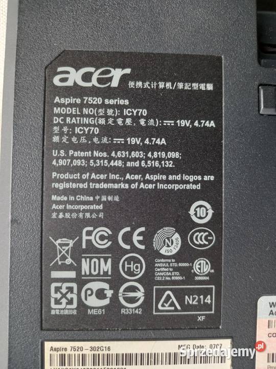 Laptop acer Aspire 7520 model ICY70 lubelskie Tomaszów Lubelski