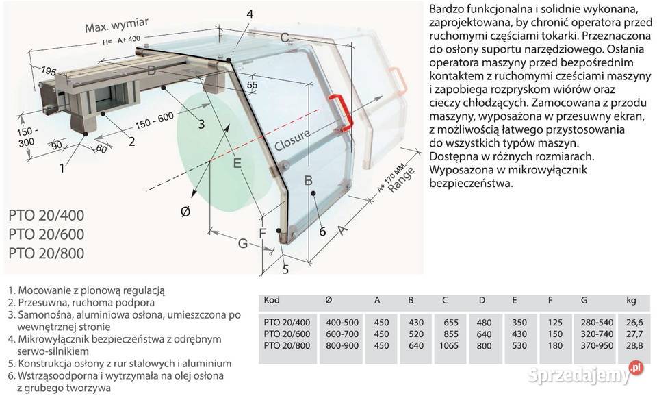 Przesuwna osłona do tokarek typ PTO 20400 Kępno