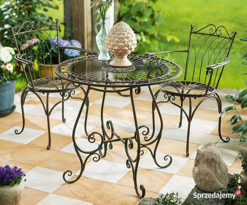 Żeliwny zestaw ogrodowy antyczny brązowy stół +2 krzesła
