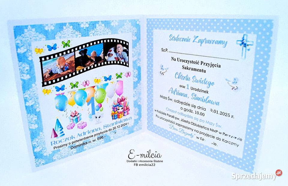 Zaproszenie 2 w 1 z okazji Chrztu Św i 1 urodzin Zielona Góra
