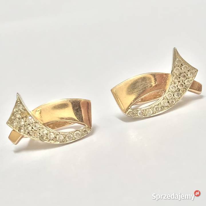 Złote kolczyki 585 14K z cyrkoniami model wstęga Zegarki i Biżuteria mazowieckie Warszawa sprzedam