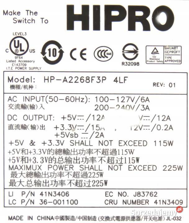 Zasilacz do pc LENOVO HIPRO HPA2268F3P 225W Sata Łask