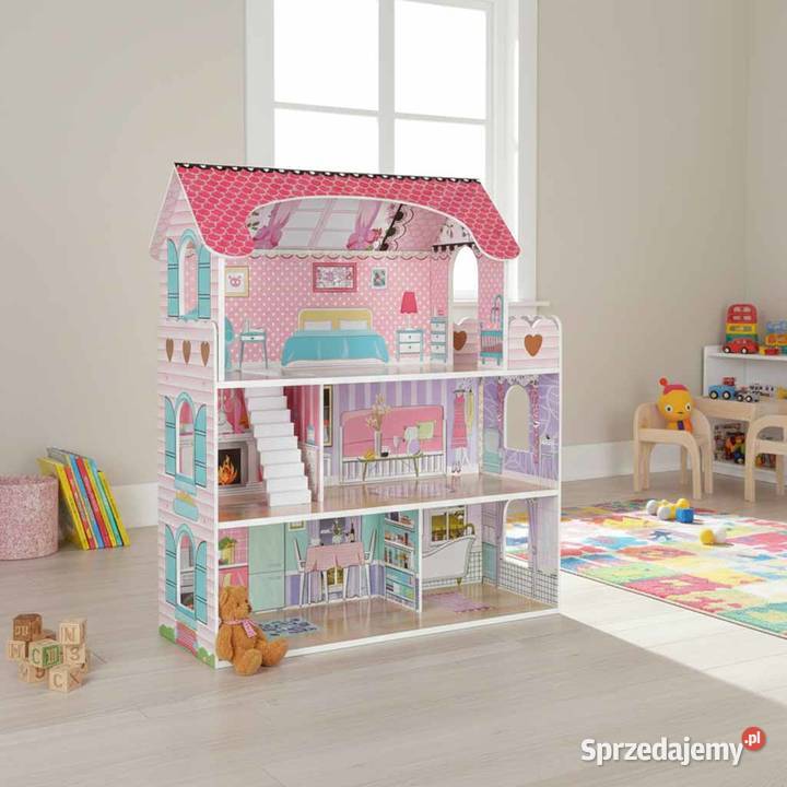Domek dla lalek drewniany + mebelki oświetlenie LED różowy 70 cm