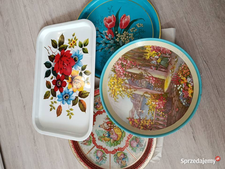 Cztery blaszki tace malowane z PRL zestaw Pozostałe