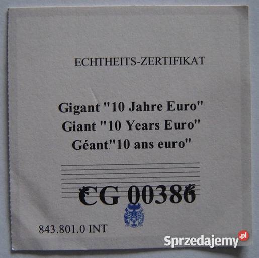 10 Lat Waluty EURO OLBRZYM 70 mm ZŁOTO Moneta śląskie Sosnowiec