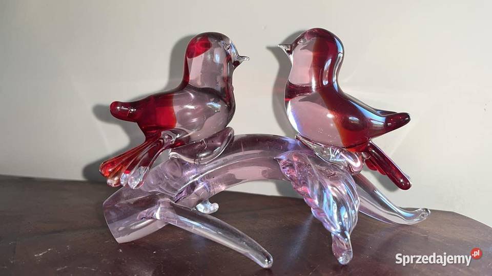 Szklana figurka 2 Ptaszki na gałęzi Z czerwono
