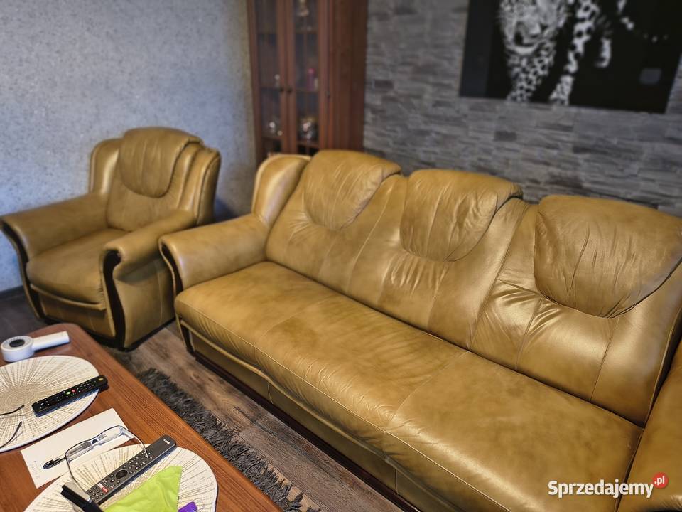 Zestaw mebli skórzanych Sofa 3osobowa 2 Fotele 80cm sprzedam
