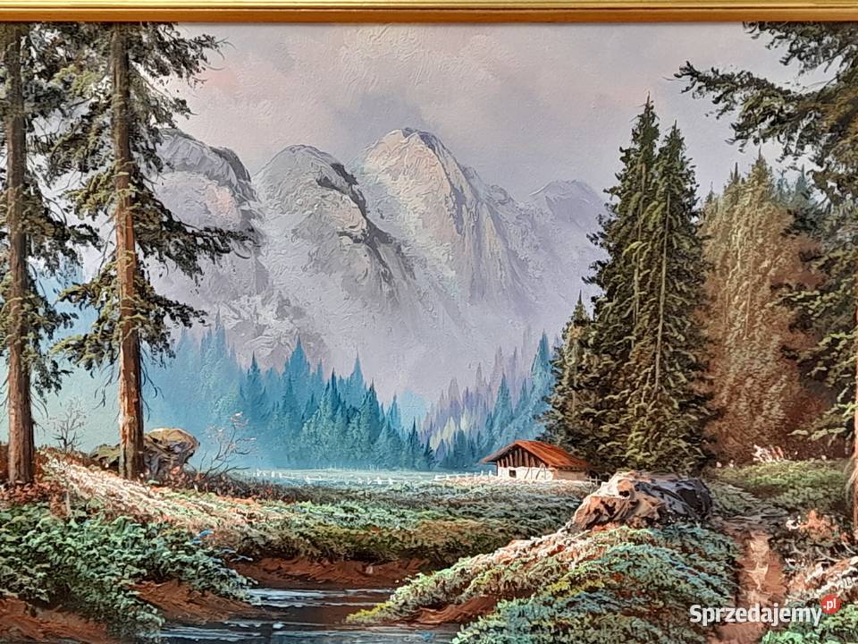 Alpejski pejzaż obraz olejny złota ornamentowa Iłża sprzedam