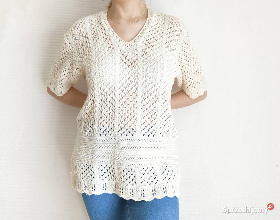 Kremowy sweter vintage ażurowy narzutka top L 40