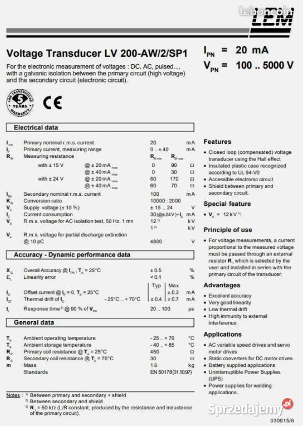 LEM przetwornik napieciowy LV 200AW2SP1 Pozostałe