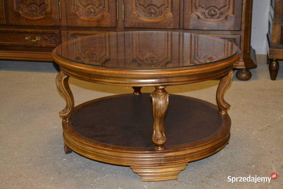 stolik okrągły orzech skóra