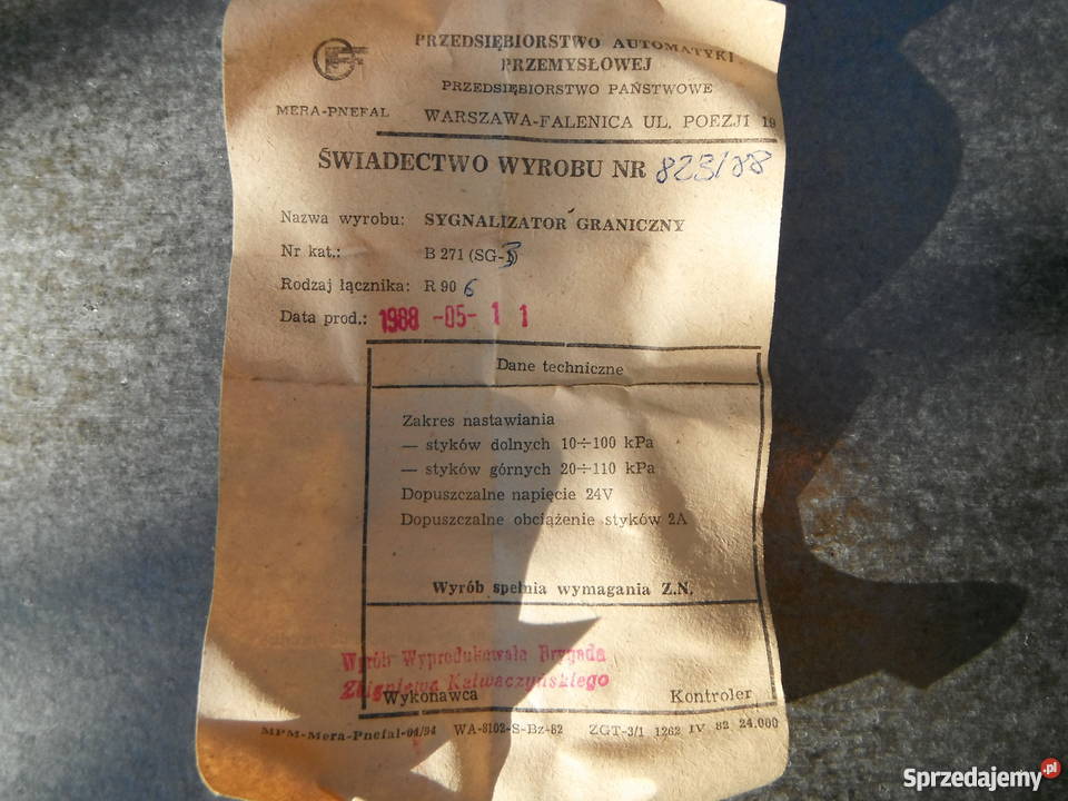 Sygnalizator graniczny B271 220V 5A zakres 20100 Barak