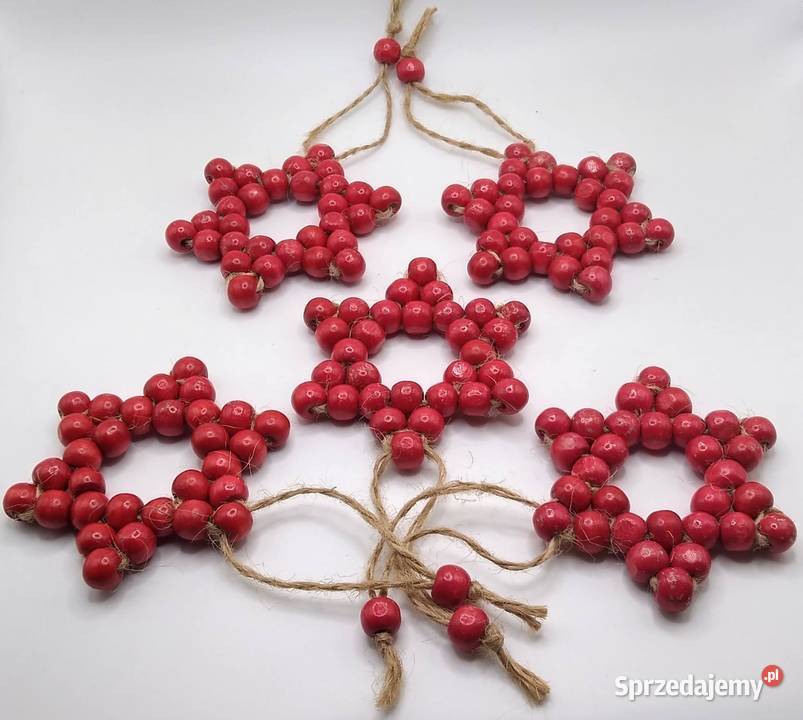 Zestaw 5 drewnianych koralikowych gwiazdek Rękodzieło Gdańsk