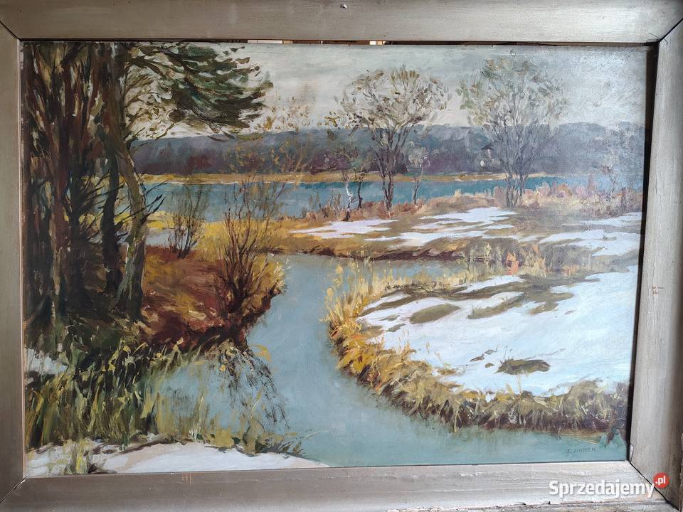 Zimowe roztopy obraz olejny antyk