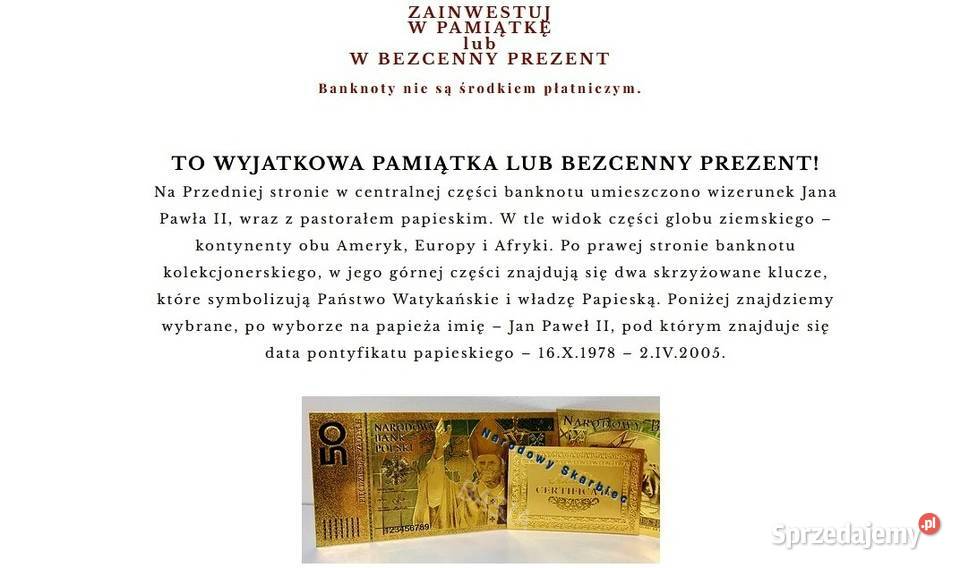 50 Złoty Banknot Jan Paweł 24 karat Narodowy śląskie
