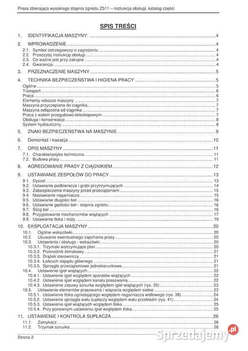 Instrukcja obsługi i katalog prasa zbierająca Stalowa Wola