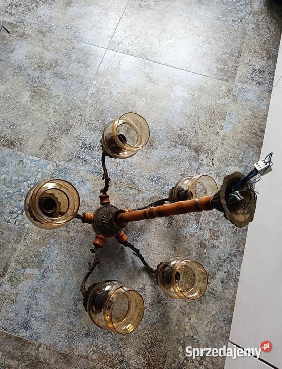 Żyrandol mosiężno drewniany Antyki, Sztuka, Kolekcje Cieszyn