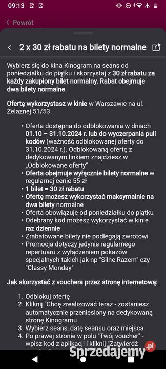 2 x 30 rabatu na bilety normalne do kina Warszawa